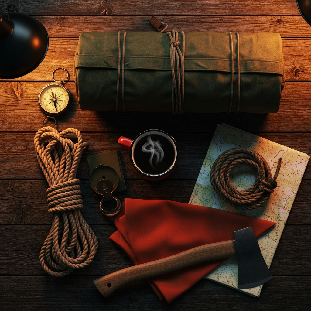 AI_IMAGE: A moody overhead flat-lay photograph of camping gear arranged on weathered dark wood. Items include a rolled olive-green canvas tent, a red enamel camping mug with steaming coffee, a vintage compass, coiled rope, a small hatchet, and a folded topographic map. Warm amber side lighting creates dramatic shadows. Earthy tones of forest green, burnt sienna, and charcoal dominate. | photorealistic | square