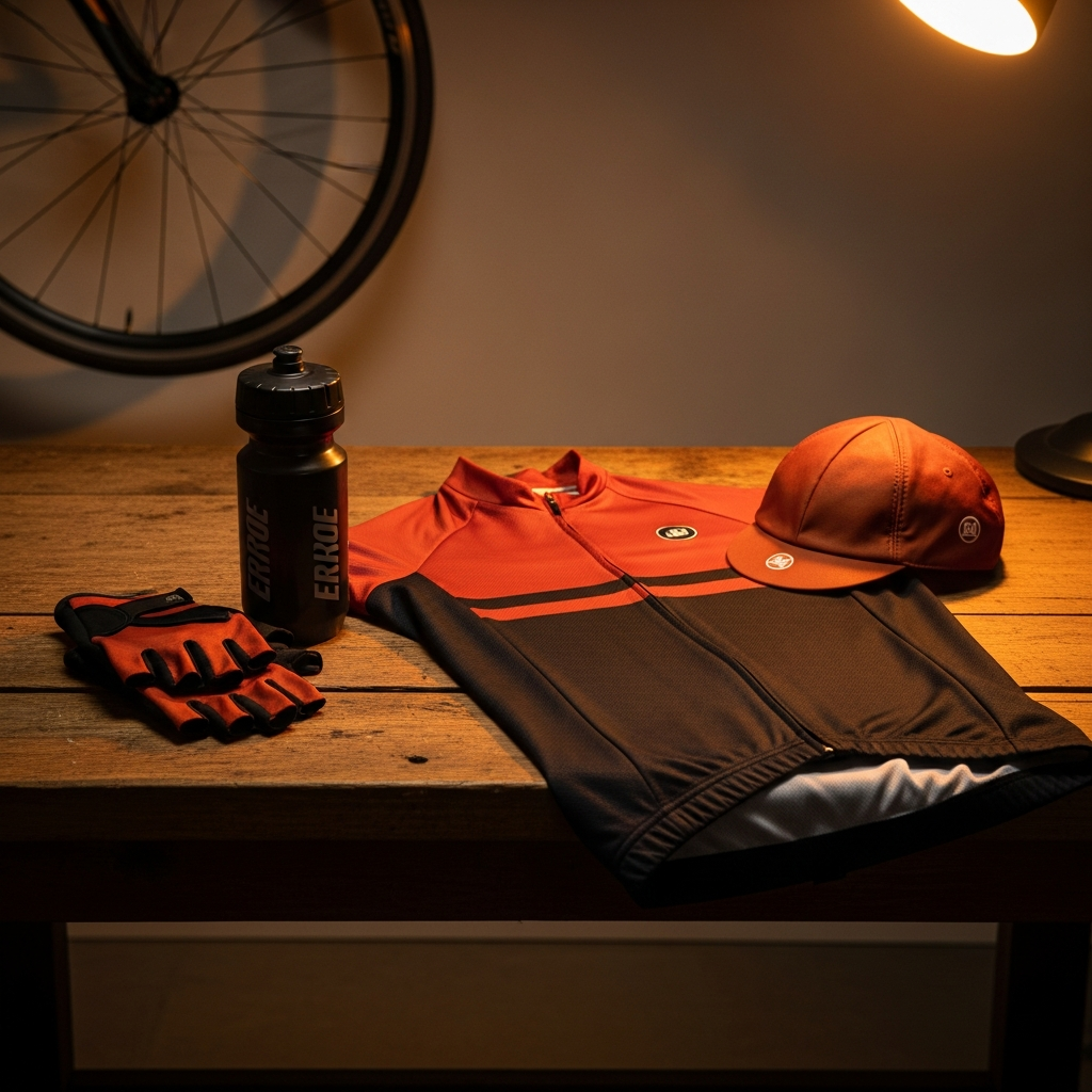 AI_IMAGE: A cinematic photograph of cycling gear arranged on a rustic wooden workbench. A sleek road cycling jersey in deep orange and black, fingerless cycling gloves, a water bottle, and a cycling cap are artfully laid out. A bicycle wheel leans against the wall in the background. Warm workshop lighting casts amber highlights. Tones of burnt orange, charcoal, and warm leather brown. | photorealistic | square