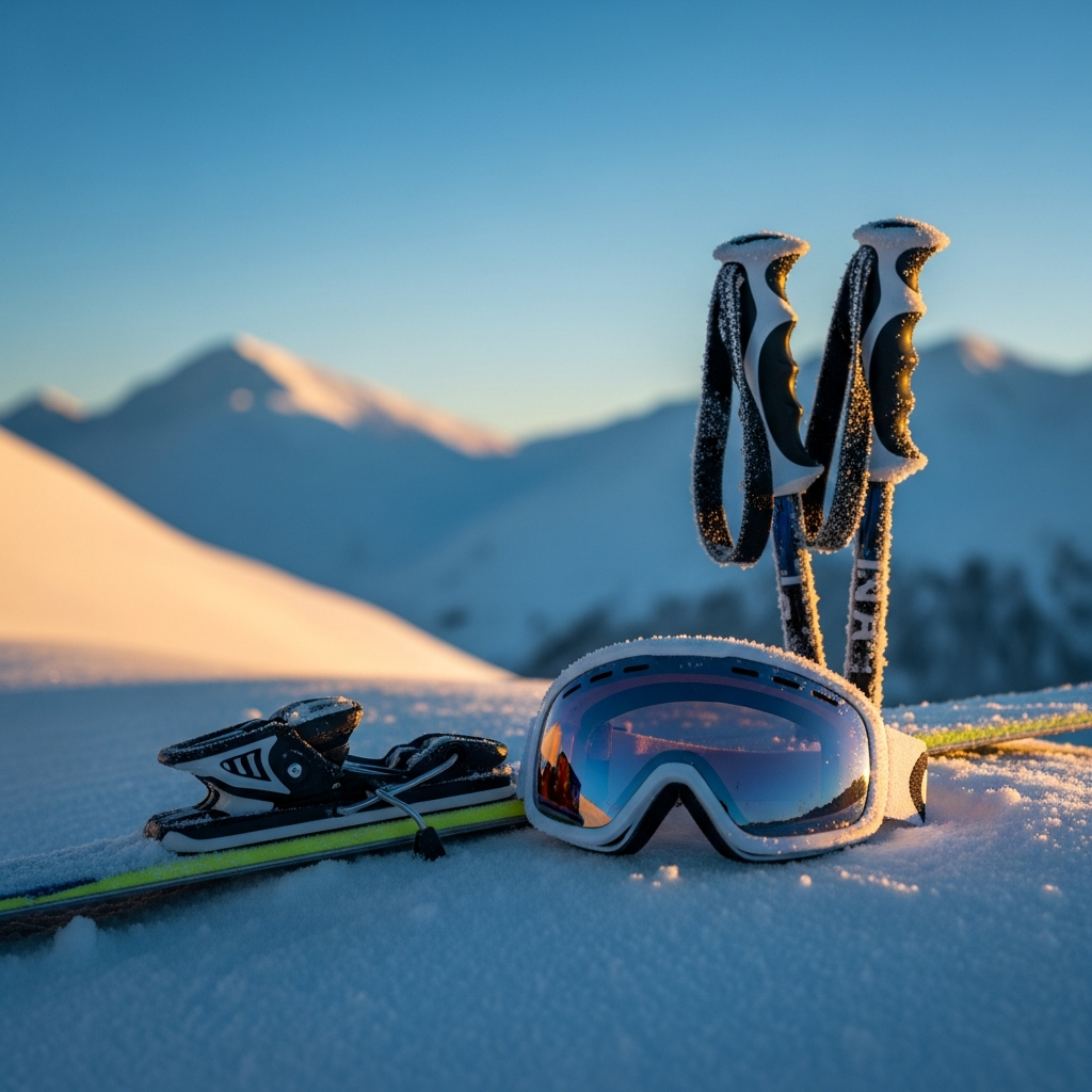 AI_IMAGE: A dramatic close-up photograph of ski equipment on fresh powder snow at golden hour. A pair of modern ski poles and goggles rest against a snow bank with mountain peaks in soft focus behind. The scene is lit with warm amber sunlight filtering through cold blue atmosphere. Frost crystals glitter on the equipment. Colors of ice blue, warm gold, and crisp white dominate. | photorealistic | square